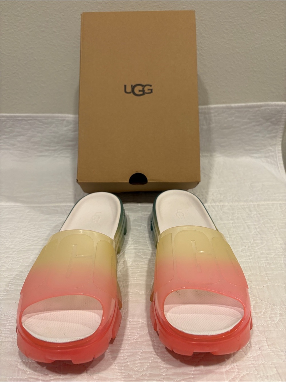 UGG Women’s Jella Clear Water Color Slide in Yellow and Pink